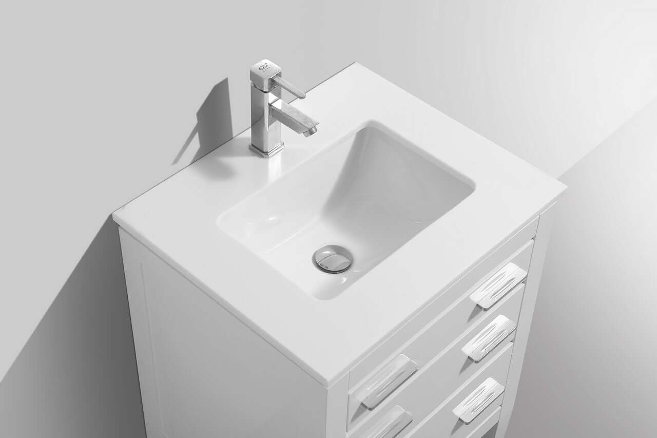 Eiffel 24" high gloss white bathroom vanity with quartz countertop featuring an elegant faucet and two functional drawers