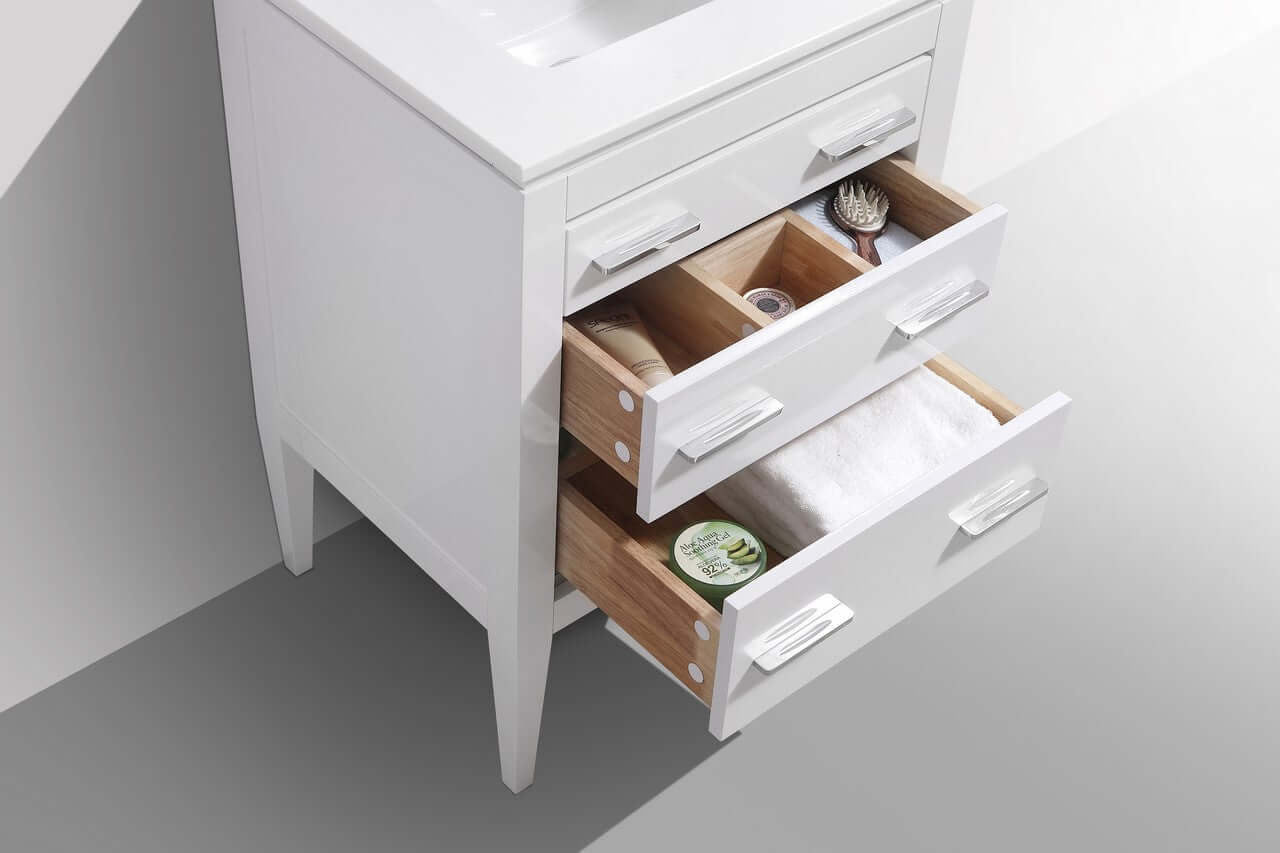 Eiffel 24'' high gloss white bathroom vanity with quartz counter top featuring fully functional drawers with wooden compartments.