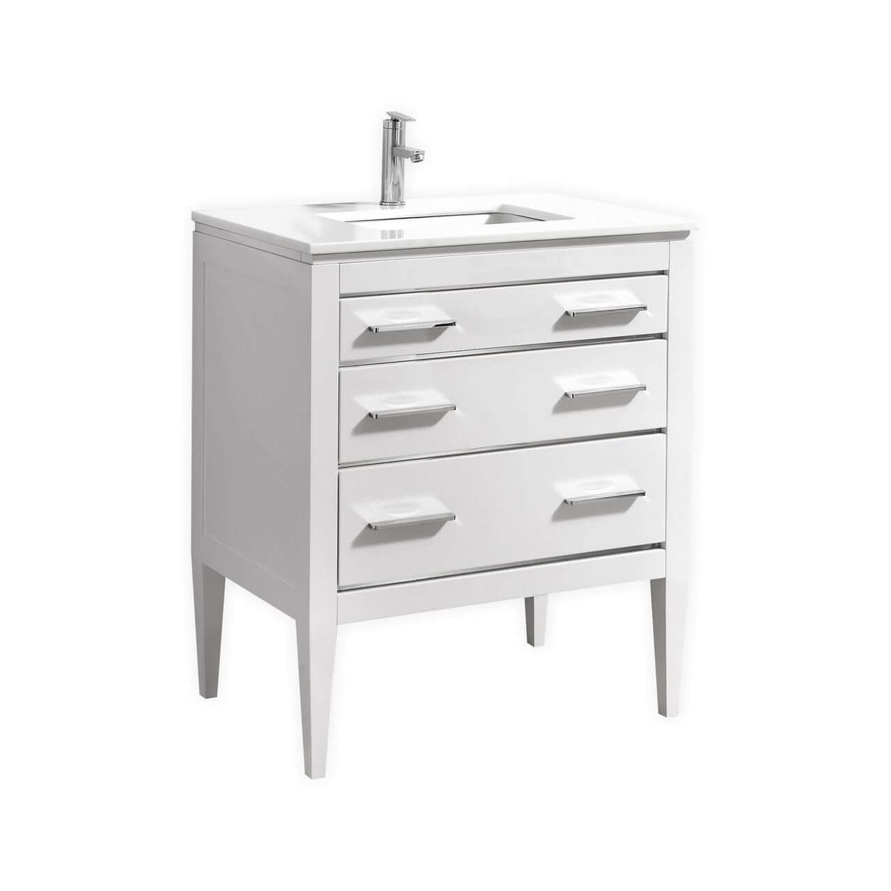 Eiffel 30'' High Gloss White Vanity with Quartz Counter Top and three drawers inspired by Art Deco and European design