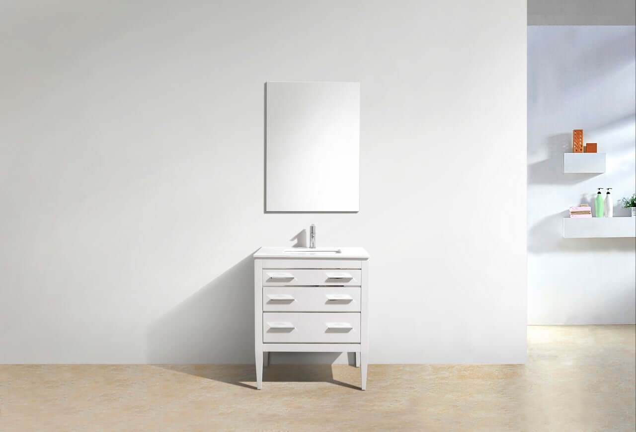 Eiffel 30" High Gloss White Vanity with Quartz Counter Top in modern bathroom setting.