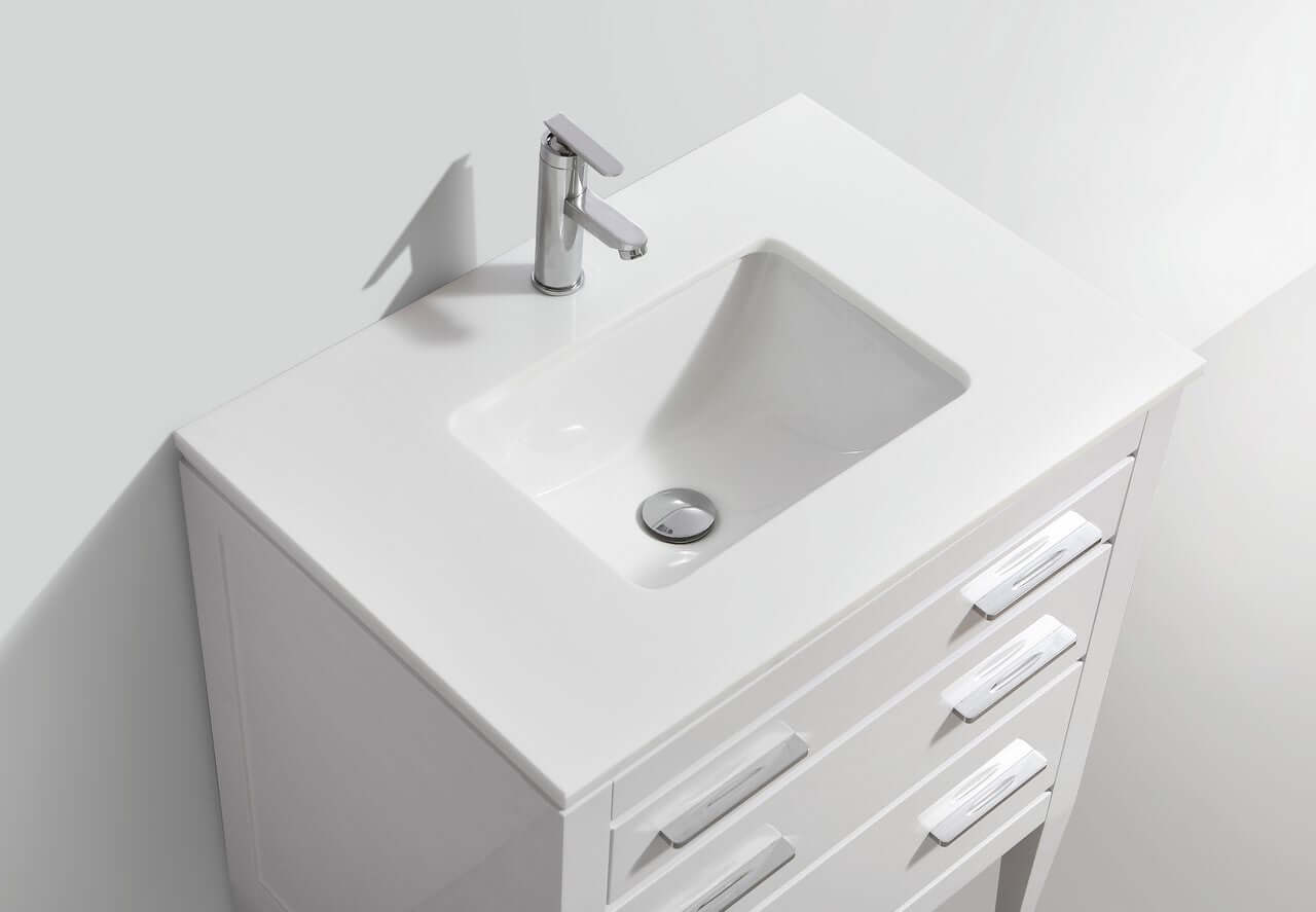 Eiffel 30'' High Gloss White Vanity with Quartz Countertop and Two Drawers in Bathroom Setting