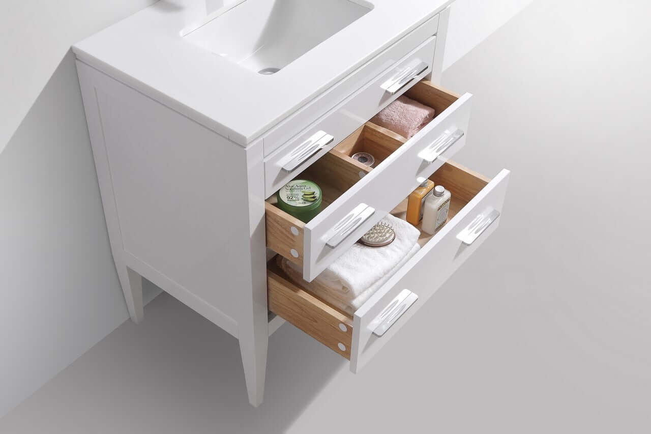 Eiffel 30'' High Gloss White Vanity with Quartz Counter Top, showing open drawers and storage space
