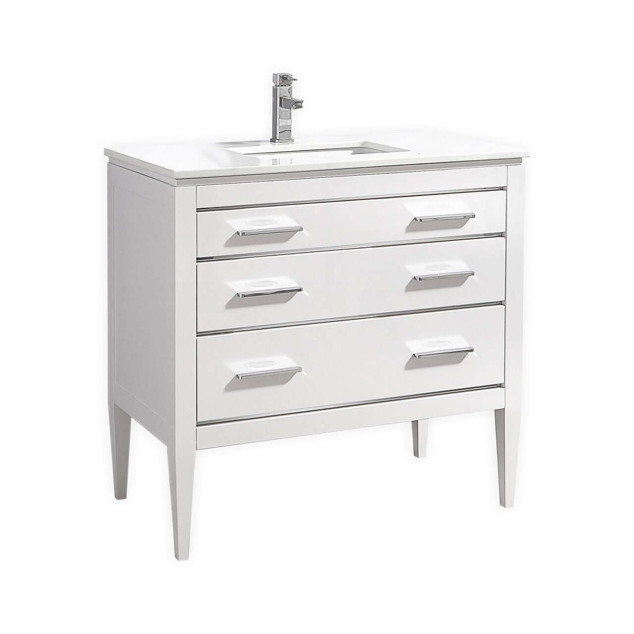 Eiffel 36'' high gloss white vanity with quartz counter top and two functional drawers inspired by art deco and European design.