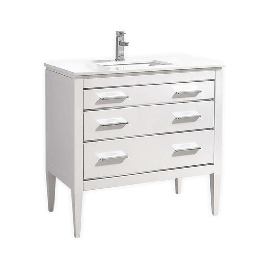 Eiffel 36'' high gloss white vanity with quartz counter top and two functional drawers inspired by art deco and European design.