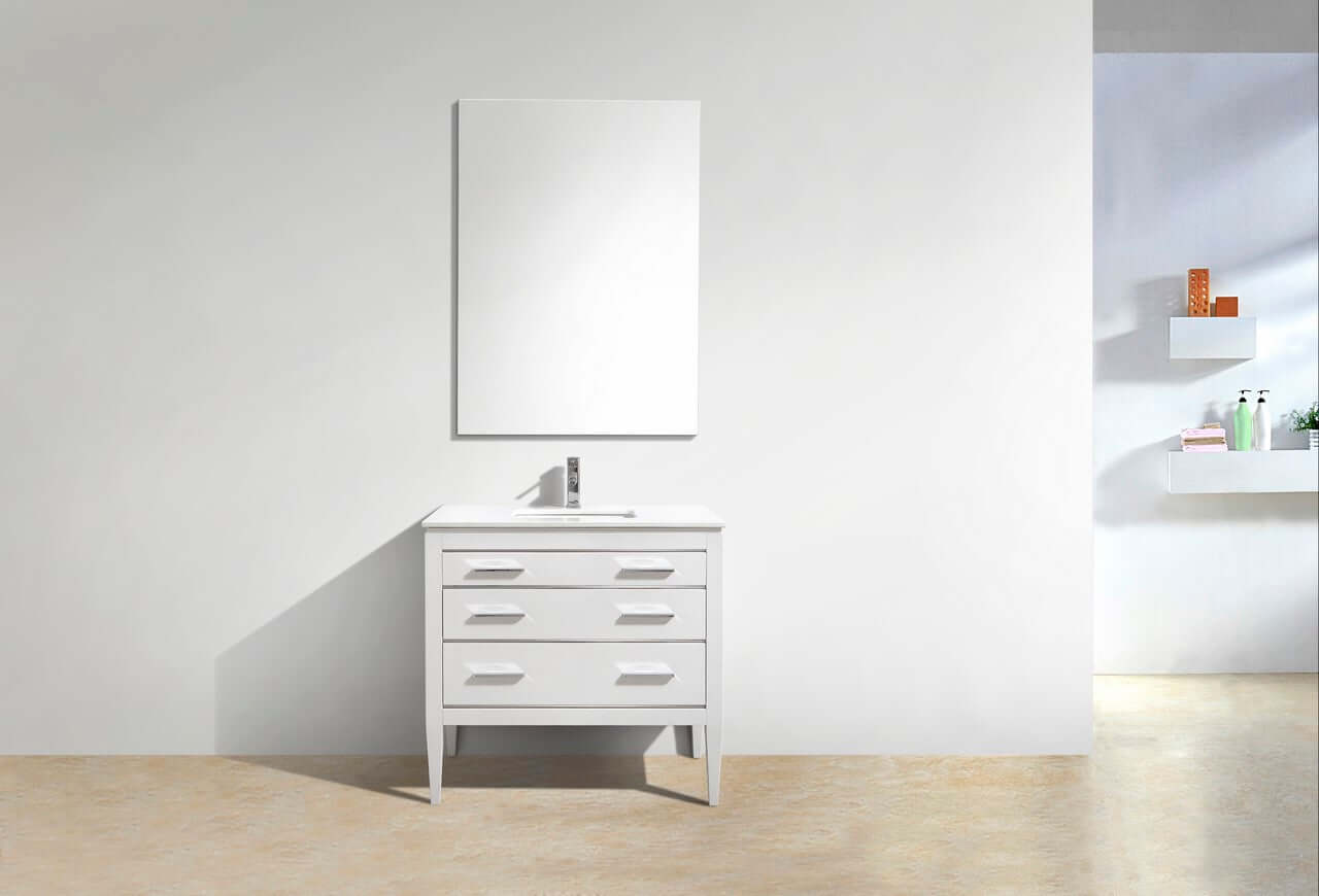 Eiffel 36'' High Gloss White Vanity with Quartz Counter Top in minimalist bathroom setting.