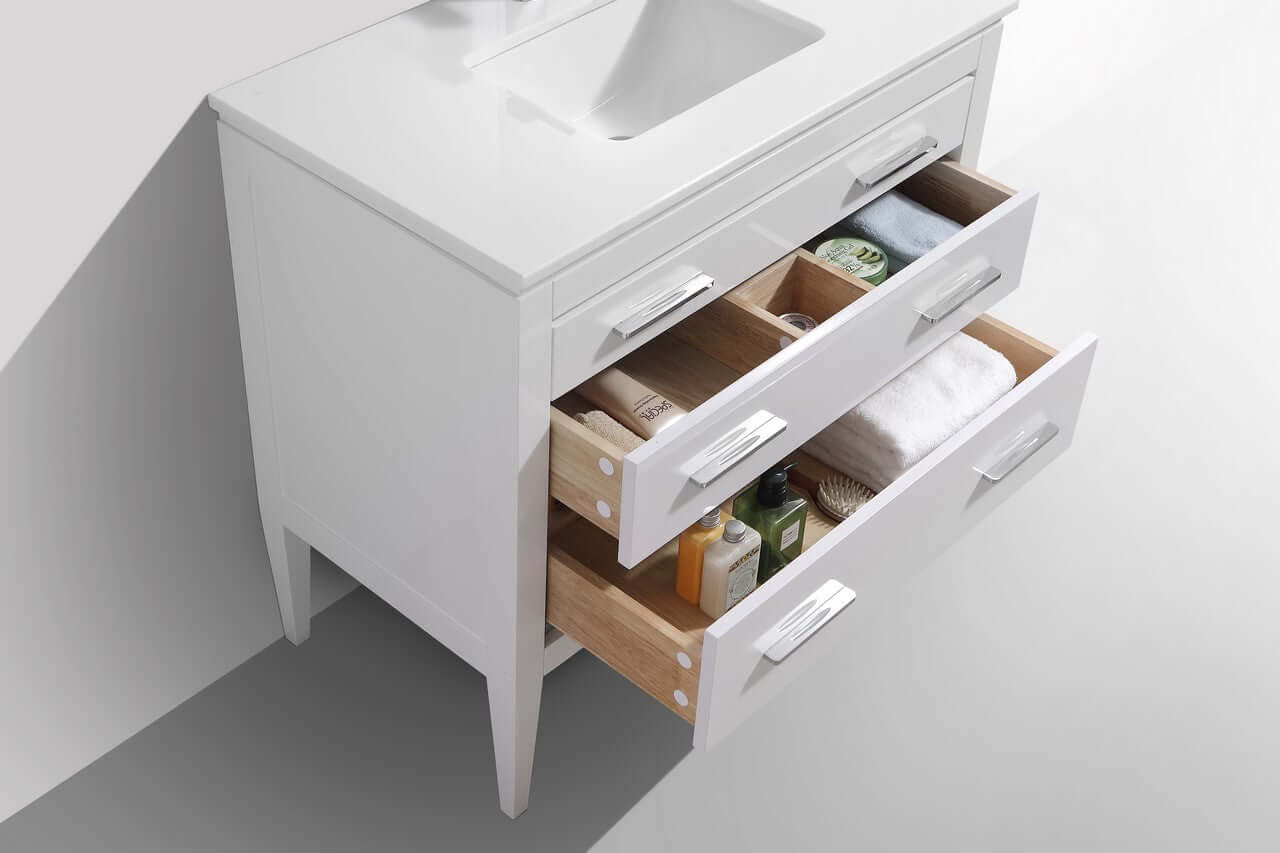 Eiffel 36'' High Gloss White Vanity with quartz counter top and two open drawers showcasing storage and organization options.