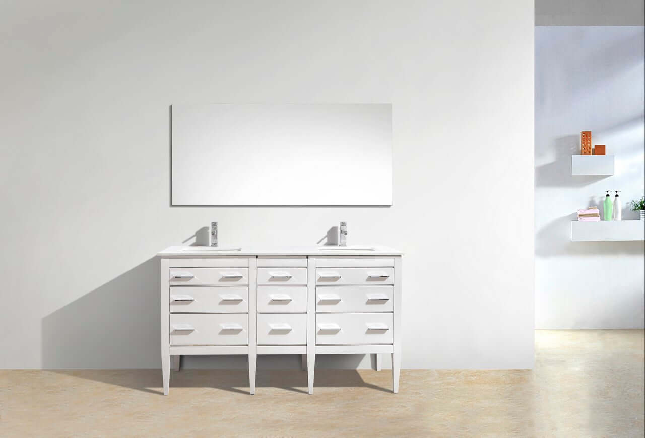 Eiffel 60'' high gloss white double sink vanity with quartz counter top in modern bathroom setting