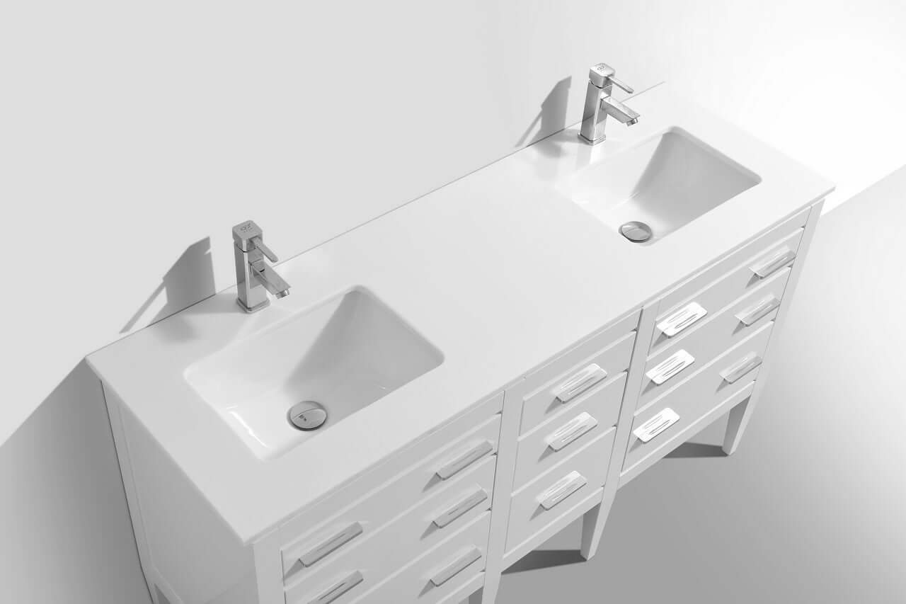 Eiffel 60'' Double Sink High Gloss White Vanity with Quartz Counter Top featuring European art deco design and solid wood construction.