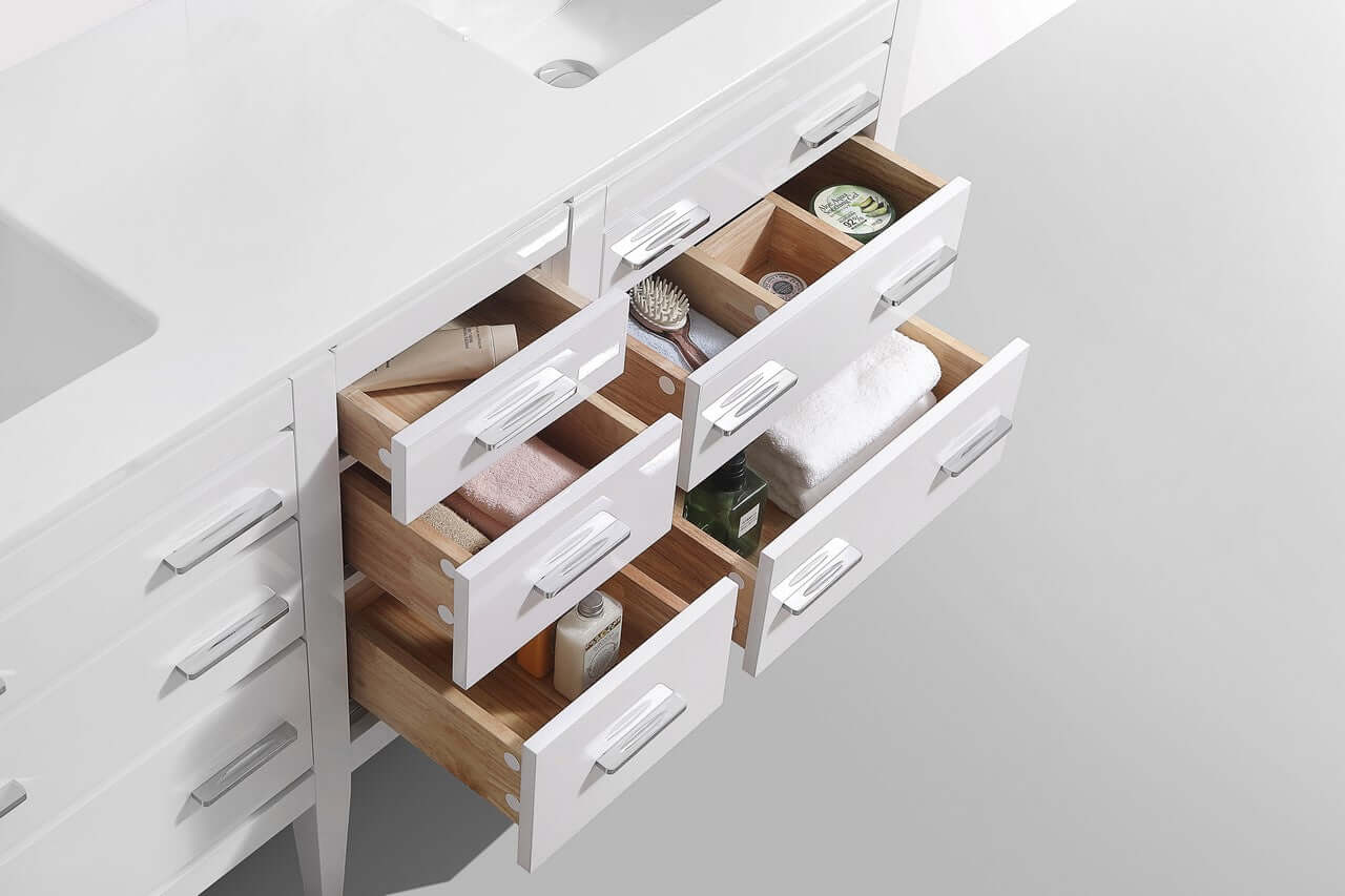 Open drawers of the Eiffel 60'' Double Sink High Gloss White Vanity with Quartz Counter Top, showcasing storage organization.