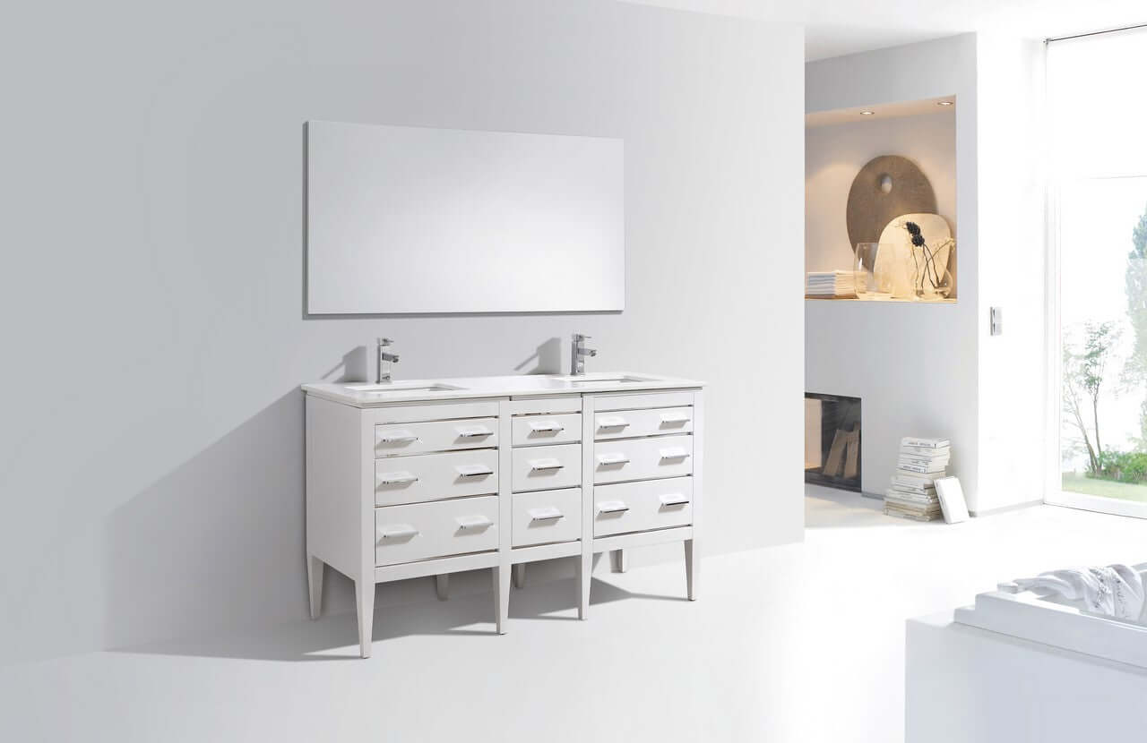 Eiffel 60'' Double Sink High Gloss White Vanity with Quartz Counter Top in modern bathroom setting.