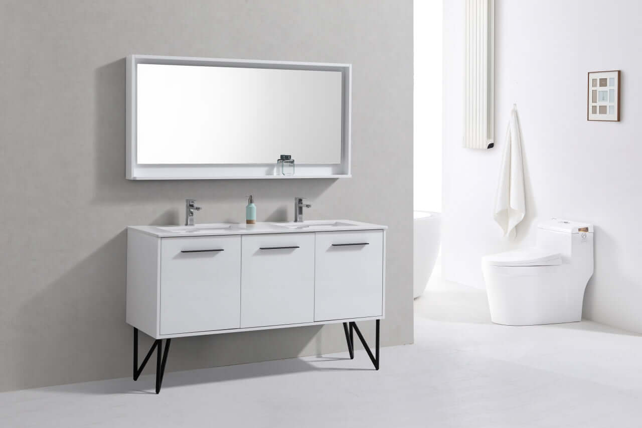 Bosco 60" Double Sink Modern Bathroom Vanity w/ Quartz Countertop and Matching Mirror