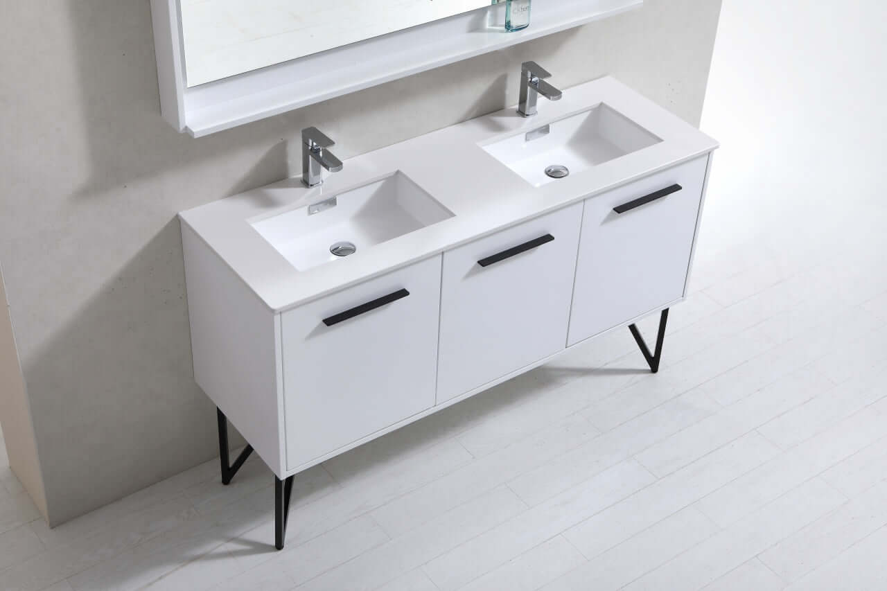 Bosco 60" Double Sink Modern Bathroom Vanity w/ Quartz Countertop and Matching Mirror