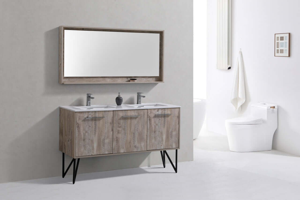 Bosco 60" Double Sink Modern Bathroom Vanity w/ Quartz Countertop and Matching Mirror