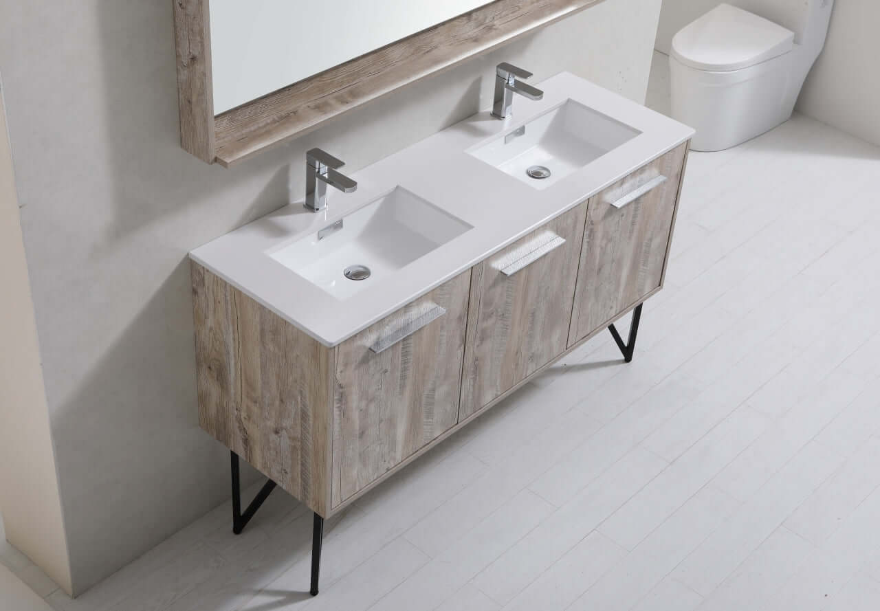 Bosco 60" Double Sink Modern Bathroom Vanity w/ Quartz Countertop and Matching Mirror