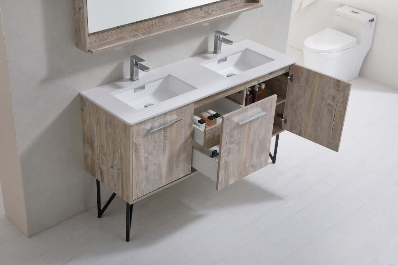 Bosco 60" Double Sink Modern Bathroom Vanity w/ Quartz Countertop and Matching Mirror