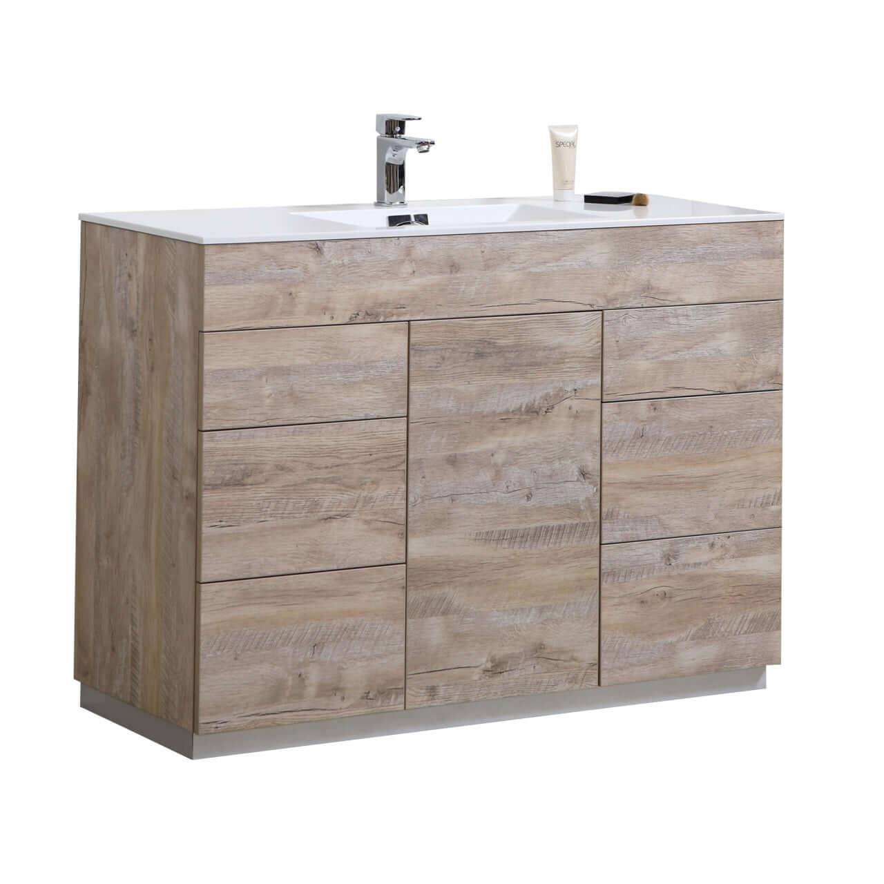 Milano 48" Single Sink Nature Wood Modern Bathroom Vanity with integrated Push-Open sliders and aluminum kickboard.