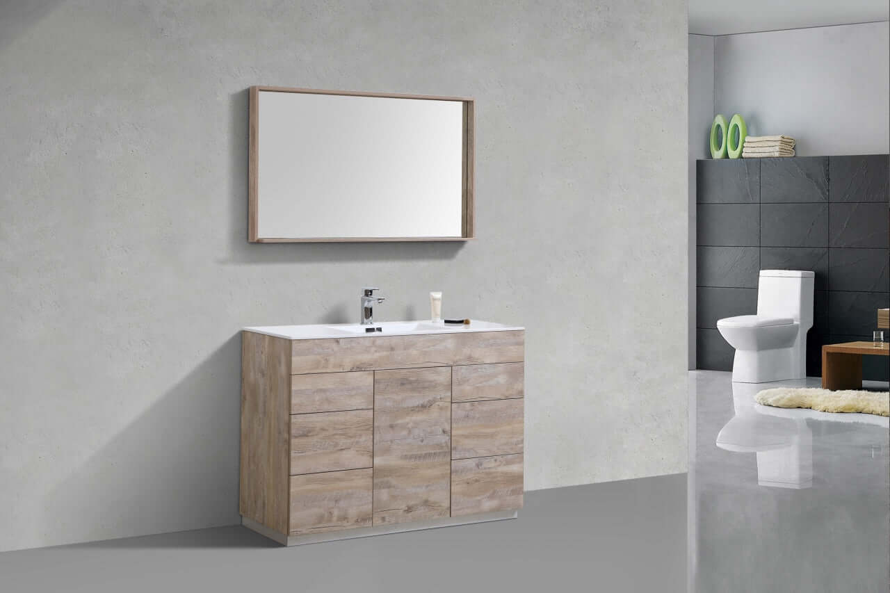 Milano 48" Single Sink Nature Wood Modern Bathroom Vanity with mirror in minimalist bathroom setting