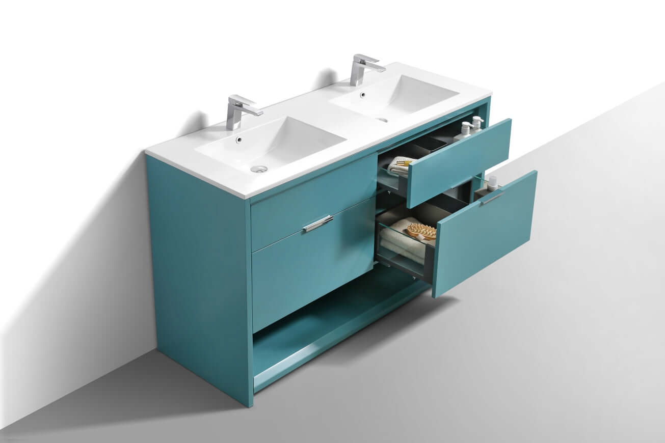 NUDO 60″ Double Sink Modern bathroom Vanity in Teal Green Finish & Gloss White Finish