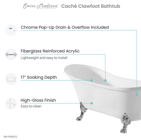 Cache Single Slipper, Clawfoot Soaking Acrylic Bathtub, Chrome Clawfoot
