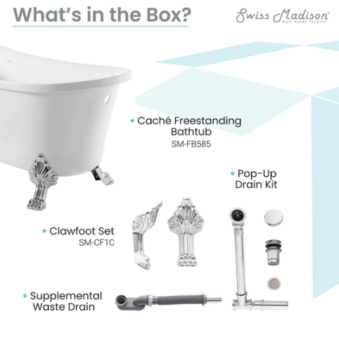 Cache Single Slipper, Clawfoot Soaking Acrylic Bathtub, Chrome Clawfoot