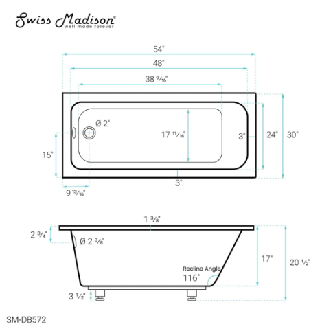Voltaire 54" x 30" Reversible Drain Drop-In Bathtub