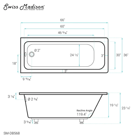 Voltaire 66 "x 36" Reversible Drain Drop-In Bathtub
