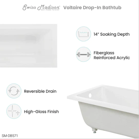 Voltaire 48" x 32" Reversible Drain Drop-In Bathtub