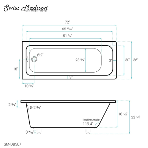 Voltaire 72" x 36" Reversible Drain Drop-In Bathtub