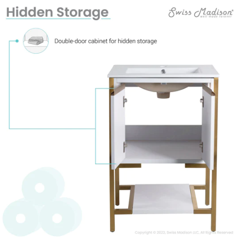 Marseille 24" Bathroom Vanity in White and Brushed Gold