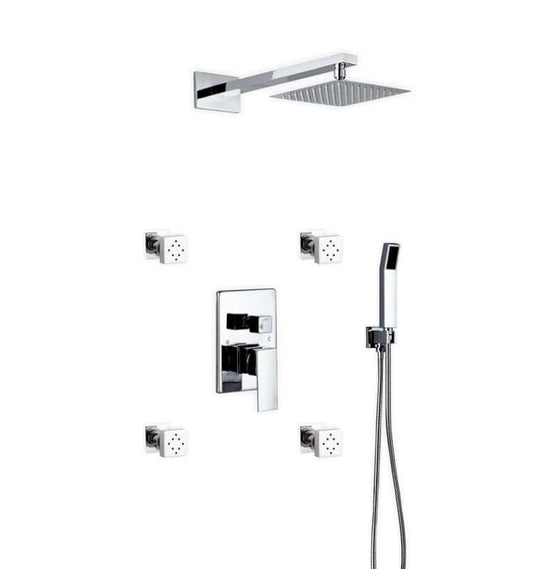 Aqua Piazza brass shower set with 8" square rain shower, 4 body jets, and handheld showerhead showcasing modern geometric design.