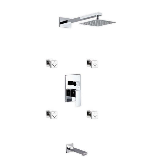 Aqua Piazza Brass Shower Set with 8" Square Rain Shower, 4 Body Jets, and Tub Filler from KubeBath