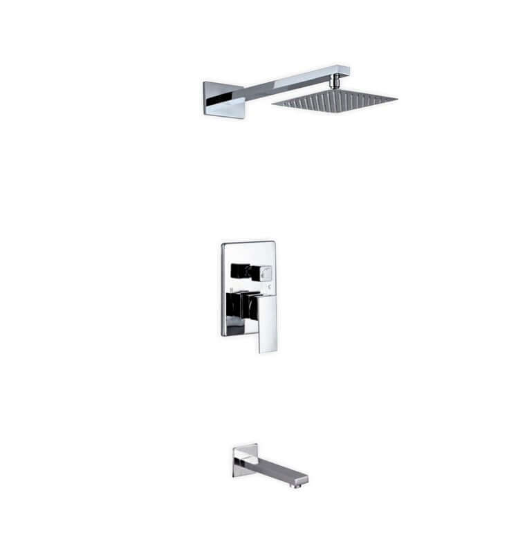 Aqua Piazza brass shower set with 8-inch square rain shower and tub filler, showcasing modern luxury and German engineering.