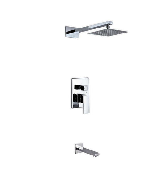 Aqua Piazza brass shower set with 8-inch square rain shower and tub filler, showcasing modern luxury and German engineering.