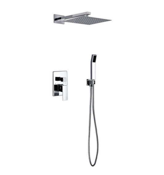 Modern Aqua Piazza Brass Shower Set with 12" square rain showerhead and handheld shower, luxury German engineering by KubeBath.
