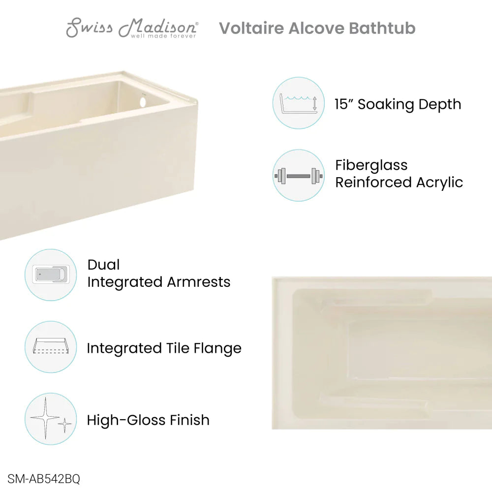 Voltaire 60" X 32" Left-Hand Drain Alcove Bathtub with Apron in Bisque