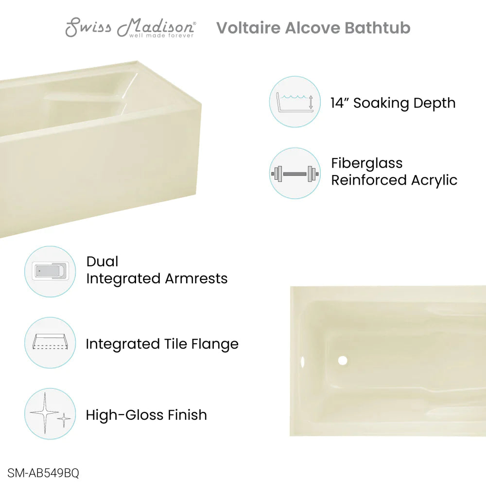 Voltaire 54" X 30" Right-Hand Drain Alcove Bathtub with Apron in Bisque