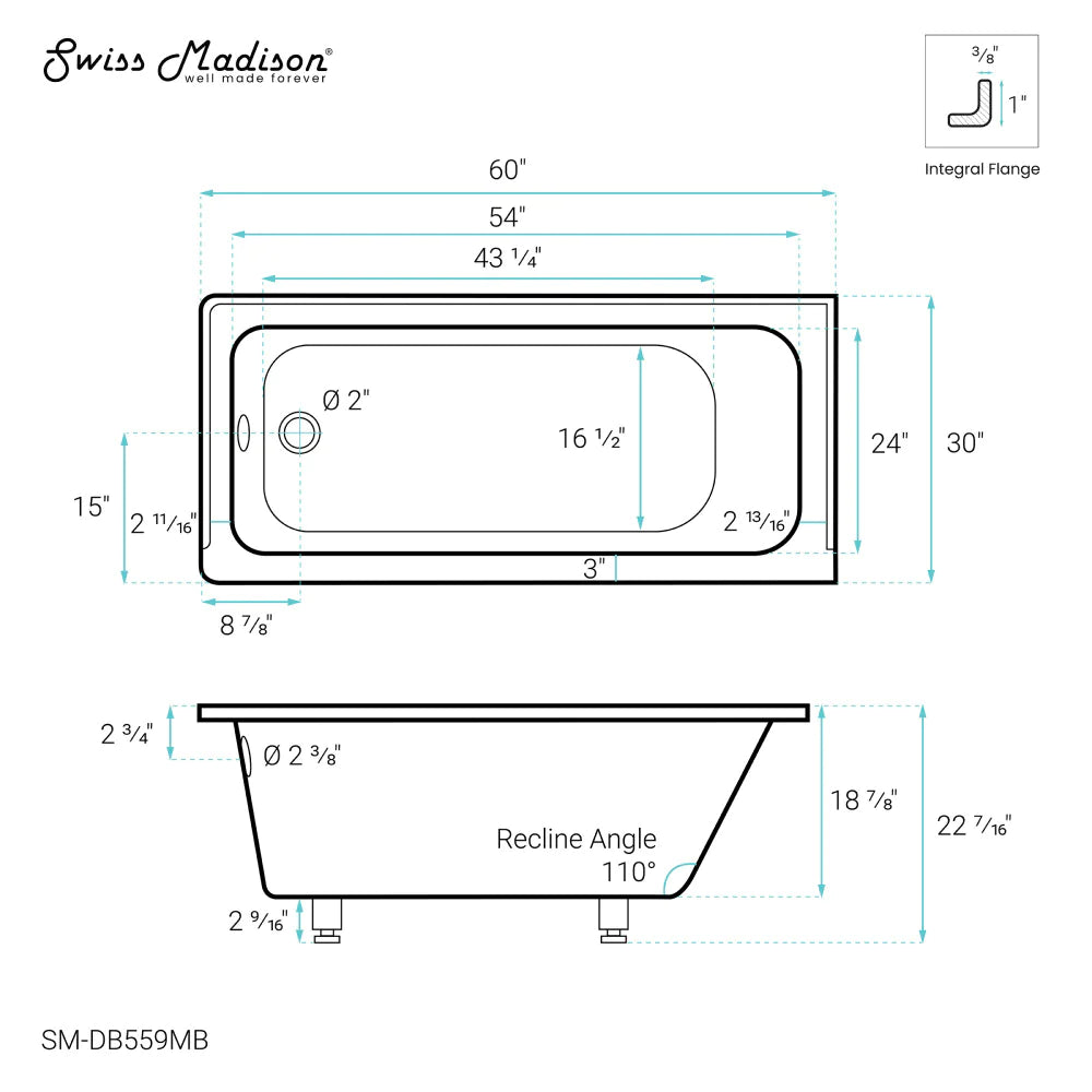 Voltaire 60" X 30" Right-Hand Drain Alcove Bathtub in Matte Black