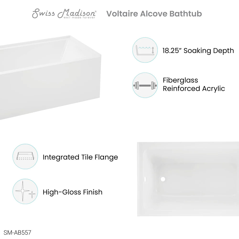 Voltaire 54" X 30" Left-Hand Drain Alcove Bathtub with Apron