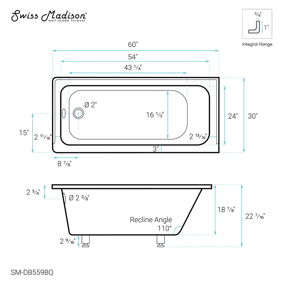 Voltaire 60" X 30" Right-Hand Drain Alcove Bathtub in Bisque